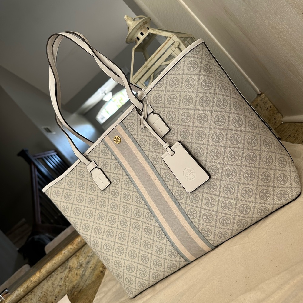 New💝 tory burch geo logo tote gray gro with stripe - Picture 3 of 13